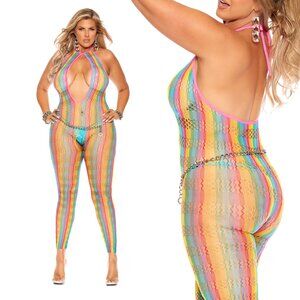 🔥 NEW Plus Size Rainbow Footless Crotchless Bodystocking